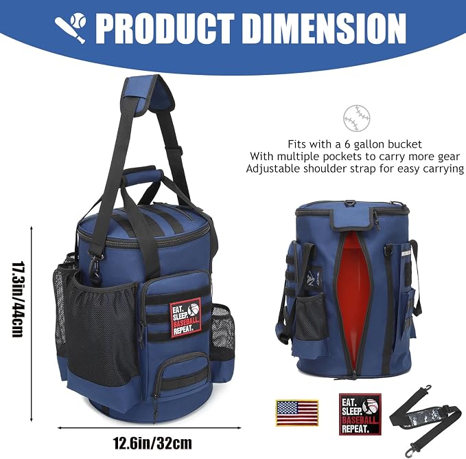 Baseball Bucket Bag 6 Gallon Multi Pockets Softball Coaching Equipment Bag | tactical Baseball Bucket Cover Organizer with padded Seat for Balls, Bat, Gloves, Scoreboards