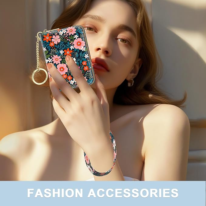 Aiawoxc Credit Card Holder, Small RFID Wallet Slim Leather Card Organizer Case with Zipper and Wristlet Strap, Cute Flowers