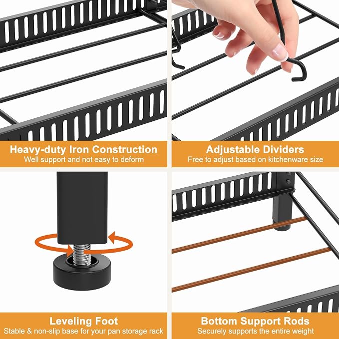 Housolution 2 Tier Expandable Pot and Pan Lid Organizer Holder Rack | 12"-20" Expandable, Adjustable Dividers, 2 DIY Methods for Flexible Storage