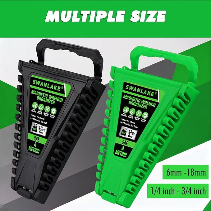 2-Piece Magnetic Wrench Organizer, Metric & SAE Portable Plastic Wrench Holder, 24-Slot Total, Foldable Carrying Handle for Wall-Mounted, Easy-Open Lock Cover, Wrenches Storage Rack Tool for Tool Box