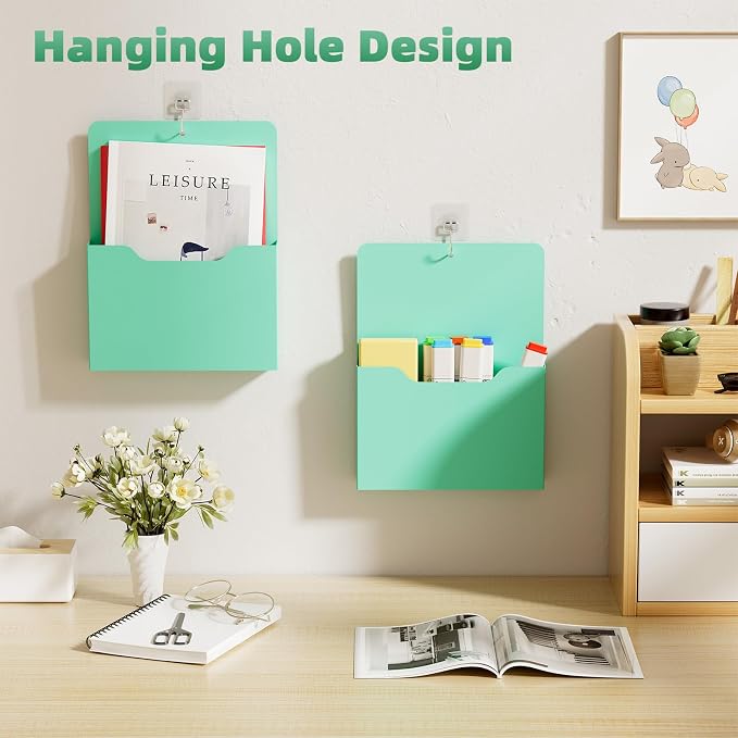 Marbrasse 2 Pack Magnetic File Holder - Paper Holder, Pocket Organizer,Hanging Wall File Organizer Office Supplies Storage, Magazine Mail Case for Notebooks,Planners,Letter (Green)
