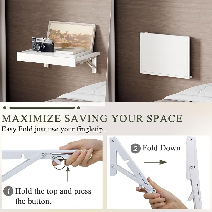 TEAMIX Wall Mounted Folding Bedside Shelf, White Wood Floating Nightstand Table with Heavy-Duty Brackets, 16.5''x12'' Space Saving Bed Side Tray Storage for Bedroom, Living Room, Dorm (White, Basic)