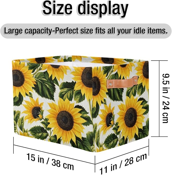 Rectangle Storage Baskets for Shelves, Bright Sunflower Print Storage Cube Organizer Bins Collapsible Toy Basket for Nursery Home Room