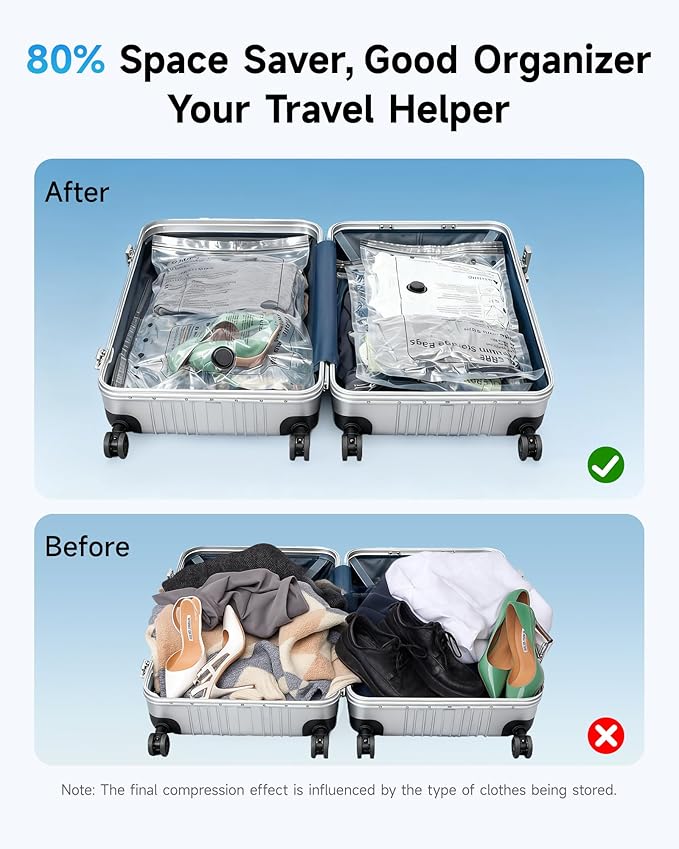 Travel Vacuum Bags with 2026 Lastest Wireless Pump, 8 Pack-4 Sizes Space Saver Vacuum Storage Bags for Luggage and Suitcase, Compression Bags for Packing, Vacuum Seal Bags for Clothing Travel