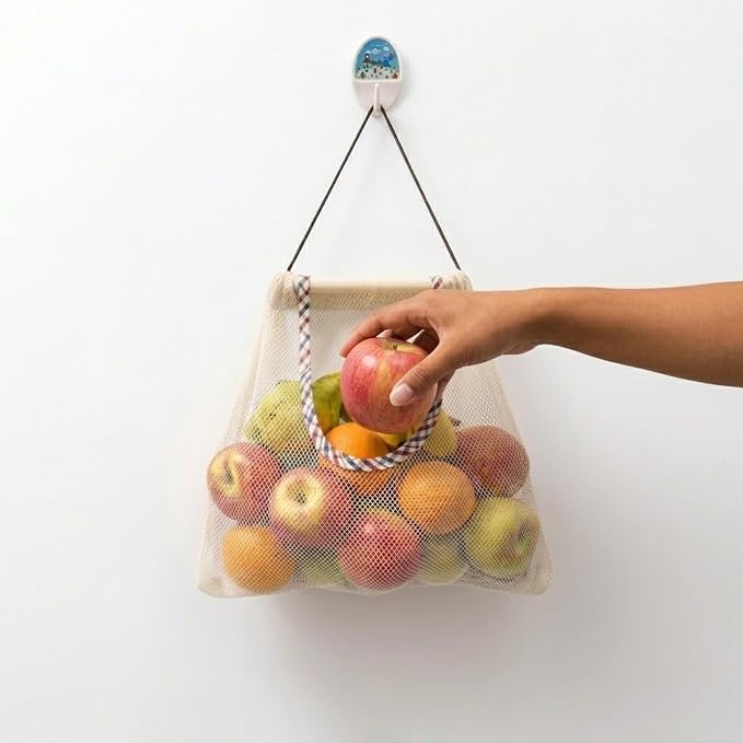 Reusable Hanging Storage Mesh Bags, White, 2 Bags & 2 Hooks | Durable, Breathable, For Fruits & Vegetables, Kitchen & Home Decor