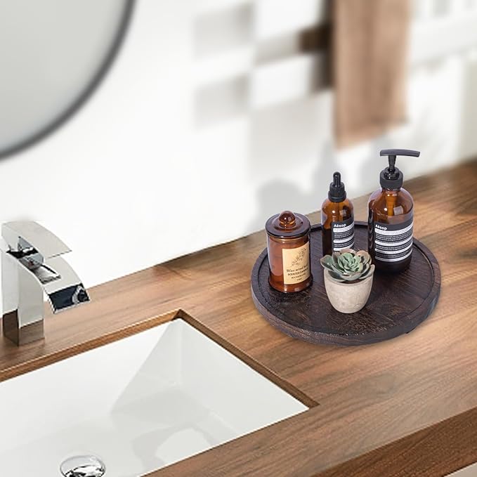 Round Decorative Tray Farmhouse Kitchen Decor Soap Dish, 10" Dark Brown | Waterproof, Lightweight, Easy Clean, Wood Riser Pedestal Stand Accessories for Office Desk, Vanity, Counter, Sink