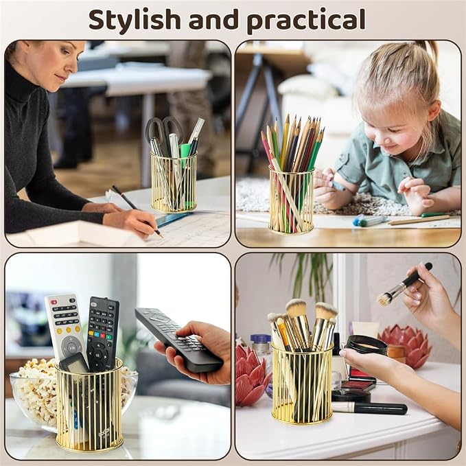 2 Sets Metal Pen Holder for Desk, Makeup Brushes Cup Holder, Pencil Holders, Pen cup, Home and Office Organizer, Gold