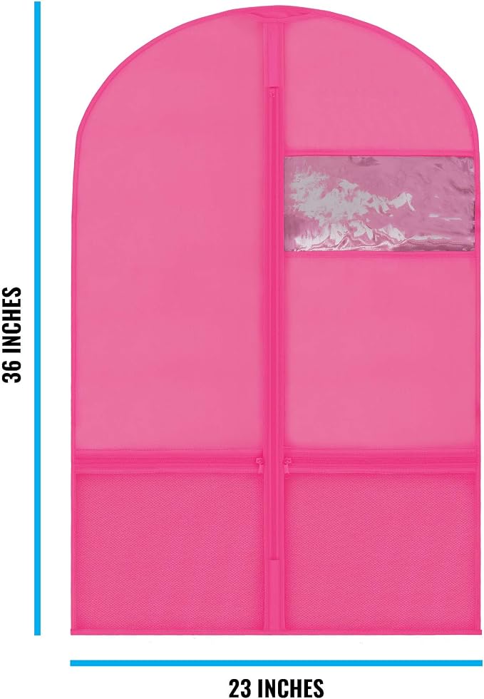 Plixio Garment Bags for Kids Dance Costumes with, Pink: 36" x 23" Window | Zippered Mesh Pockets for Shoes and Accessory Storage for Girls Dress, Recital Outfit with Zippered Mesh Pockets