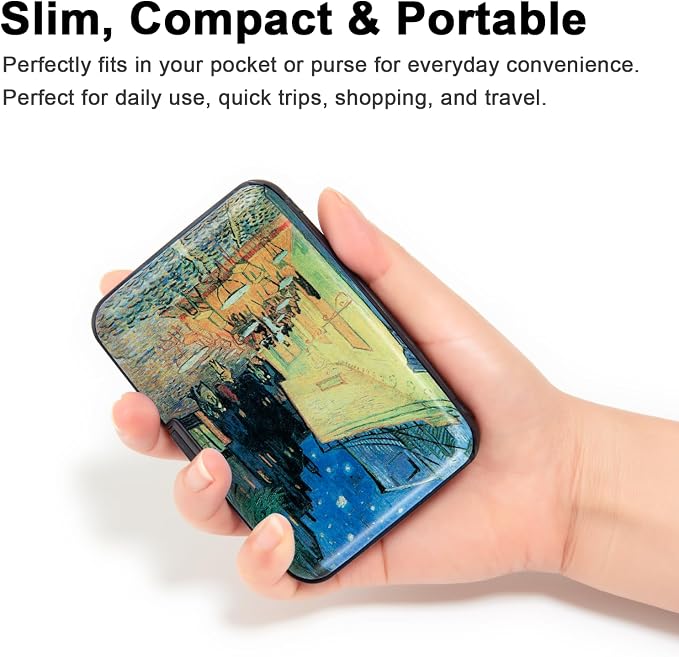 Credit Card Holder Wallet for Women Men RFID Blocking Small Metal Business Aluminum Protector Sleeves Slim Mini Cards Case (Cafe Terrace at Night by Vincent Van Gogh)