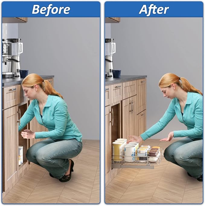 ROOMTEC Pull Out Cabinet Organizer - 14" W x 21" D, Slide Out Kitchen Cabinet Storage Shelves, Fits 15.5" Opening