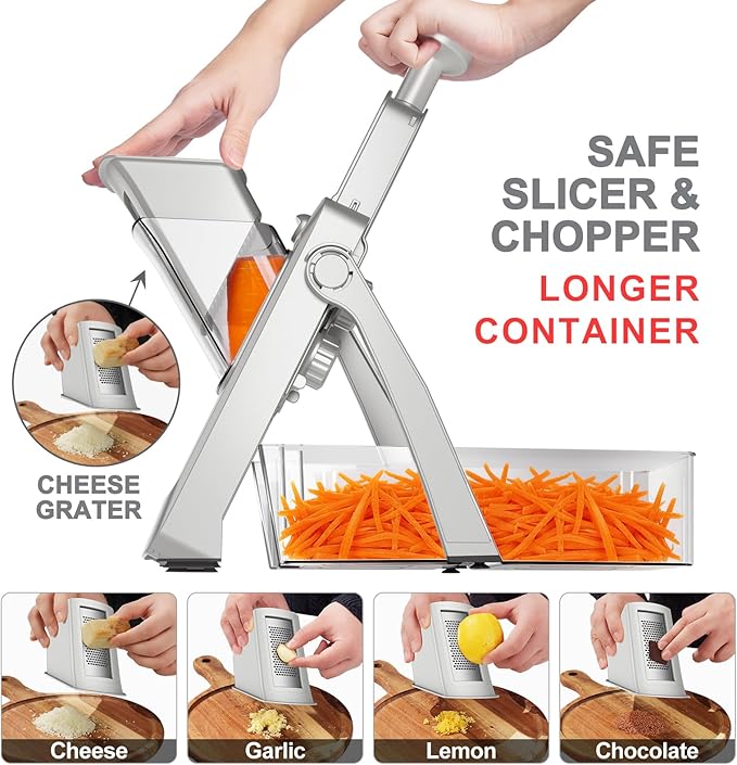 QYKIC Upgrade Safe Mandoline Slicer,Vegetable Chopper,Potato Slicer, Onion Chopper with Drain Basket Storage Container, Cheese Grater Kitchen Chopping Artifact (SliverGray)