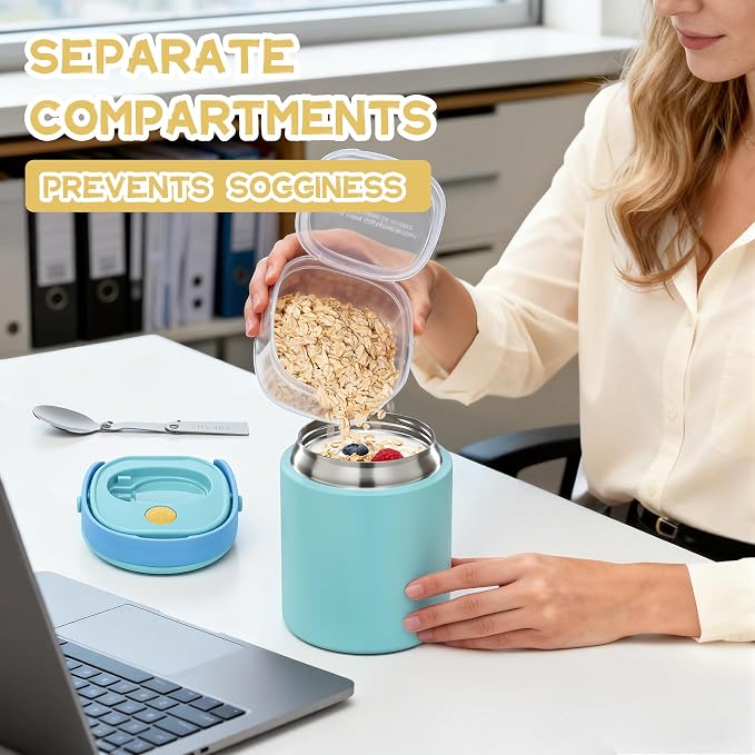 20oz Soup Thermo for Hot Food with a Snack Box Container，Leak Proof Insulated Lunch Container Kids and Adults，Stainless Steel Double Wall Vacuum Wide-mouth Food Jar with Spoon and Handle（Sky Blue）