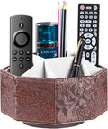 Remote Control Holder, Swivel 9 Rooms Desk Organizer and Decorations for Living Room, Leather Bedside Storage Caddy for TV Controllers/ Makeup Brush Pen/ Office Stationery/ Art Supplies/ Eyeglasses