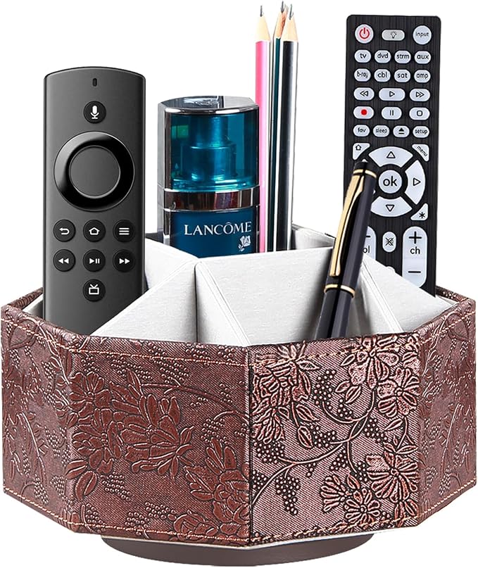 Remote Control Holder, Swivel 9 Rooms Desk Organizer and Decorations for Living Room, Leather Bedside Storage Caddy for TV Controllers/ Makeup Brush Pen/ Office Stationery/ Art Supplies/ Eyeglasses