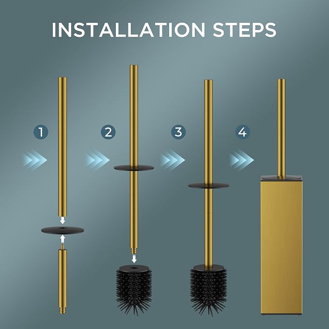 FORIOUS Toilet Brush, 2 Toilet Bowl Brush Head Square Tall Gold | Heavy Duty 304 Stainless Steel Base, Silicone and Plastic Brush Heads, Long Handle for Deep Cleaning, Drip-Proof