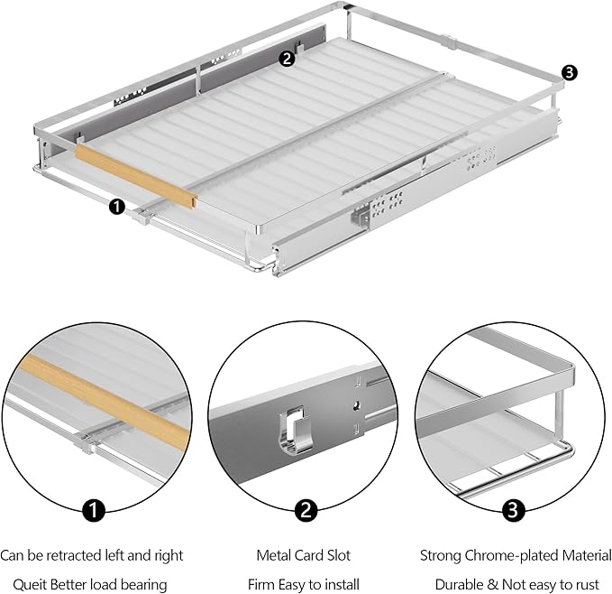 SANNO Pull Out Cabinet Organizer, Kitchen Sliding Shelf Under Sink Shelf, Expandable Drawer Shelves with Sliding Steel Metal Cabinet Drawers Slide Out, Chrome Finish，Expandable 12.1 to 18.4" W