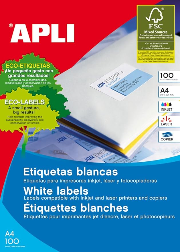 APLI 1293 Box of 100 Sheets, Labels, White