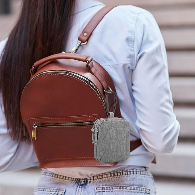 E-Tree Coin Purse with Carabiner Clip, Dual Layer Card Case Holder, Mini Pouch for AirPod Earphone Keychain USB Cable,Wallet, Small Accessories Organizer Bag for Women and Men (Grey)