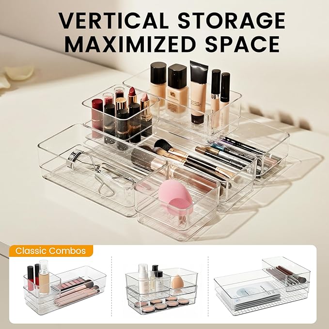 27 PCS Clear Plastic Drawer Organizer Set, 4 Sizes Acrylic Drawer Storage Trays Non Slip Storage Bins for Makeup, Jewelry, Gadgets for Kitchen, Bedroom, Bathroom, Office
