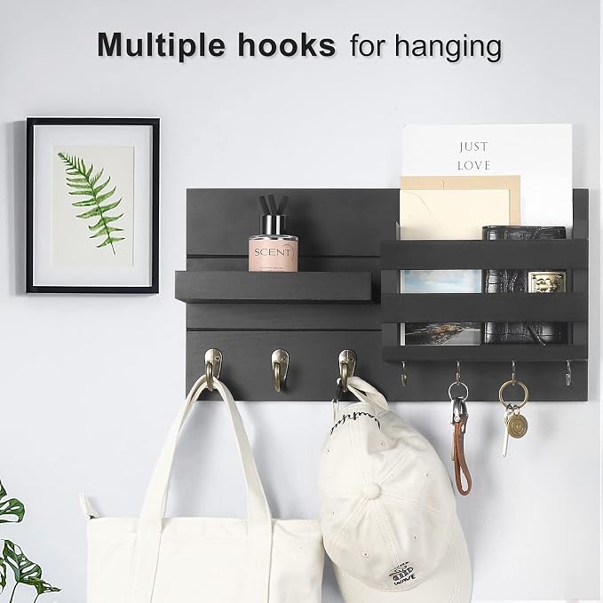 Lwenki Mail Organizer for Wall Mount – Key Holder with Shelf Includes Letter Holder and Hooks for Coats, Dog Leashes – Rustic Wood with Flush Mounting Hardware (16.5” x 8.7” x 3.5”)