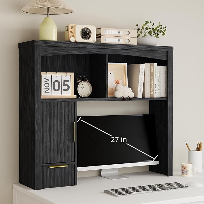 Desk Hutch Shelf, Desktop Shelf Organizer 37 inch Wide Desktop Bookshelf 2-Tier Wood Hutch Bookcase Organizer with Drawer Dorm Table Shelves Desk Shelves Office Bookshelf with Storage-Black