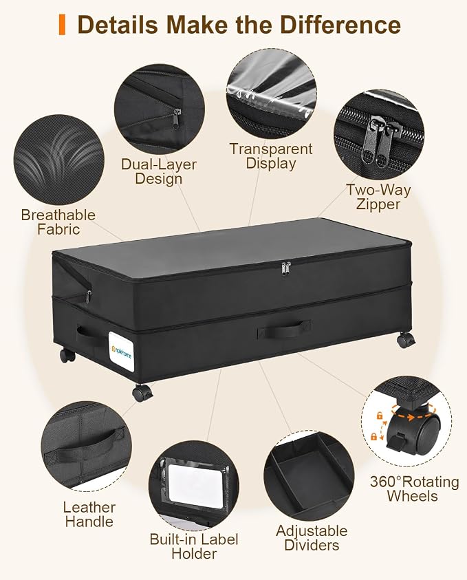 Under Bed Storage w/Wheels,70L Under Bed Containers,2 Pack-Black | 11.5 Inch Under Bed Storage Containers,70L Large Adjustable Underbed w/ Lids,Rolling Underbed Storage Bins for Shoes,Clothes
