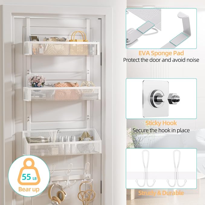 Over Door Hook Organizer 12 Hook Over The Door Organizer with 3 Mesh Baskets - Back of Door Storage Towel Rack Space Saving Storage Organizer for Bedroom, Bathroom, Kitchen, Pantry, White