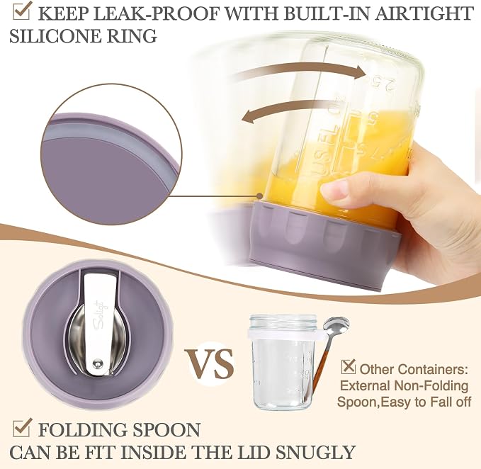 SOLIGT 2 Pack Overnight Oats Containers with Lids, Folding Spoons and Divided Compartments for Fruit & Nuts, Small Glass 16oz Mason Jars for Oatmeal Yogurt Parfait