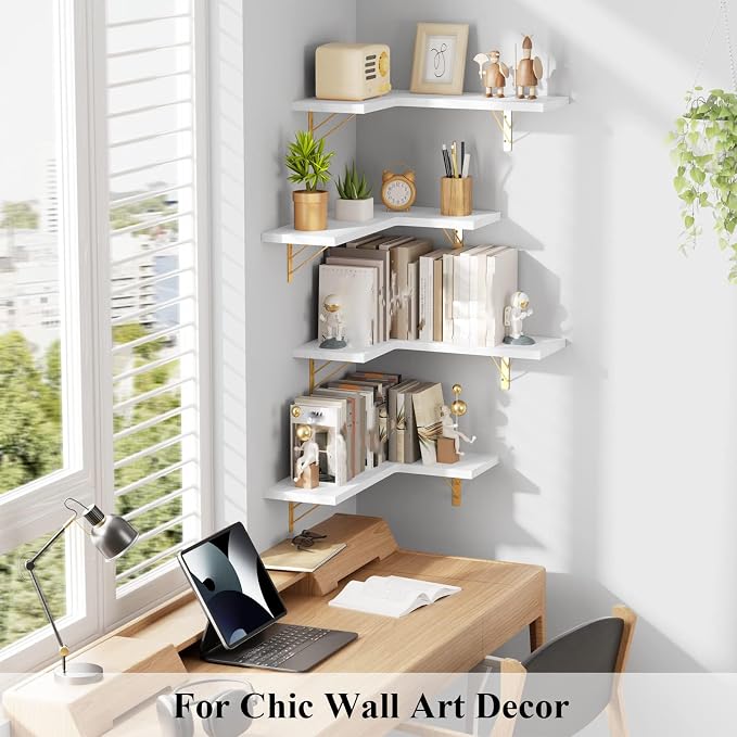 Love-KANKEI Corner Wall Shelf Set of 4,Solid Wood/Bracket,16.5"x 11",White | Easy to Install,Floating Wall Shelves,40 Lbs/shelf,For Bedroom Living Room Bathroom Kitchen Office,Storage Display,Wall Decor