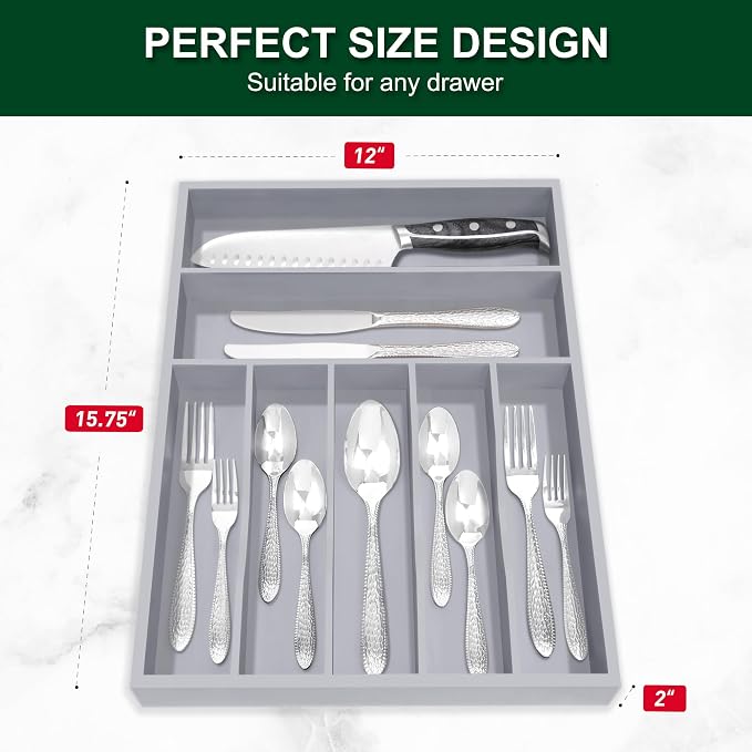 Utensil Organizer 13'' Silverware Drawer Organizer Cutlery Kitchen Bamboo | Natural Bamboo Gray, 7 Compartment, Durable, Small Narrow Organizer, Silverware Tray, Utensil Holder, Silverware Organizer
