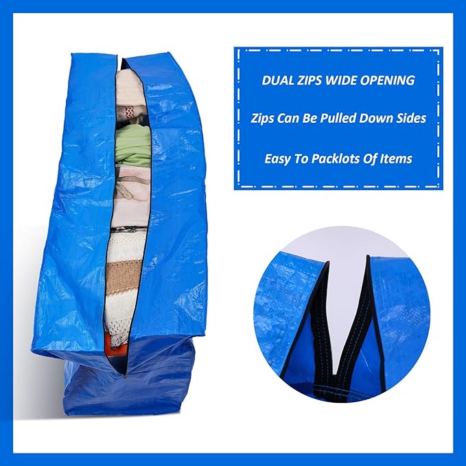 4 Pcs 96 Gallon Extra Large Moving Bags Heavy Duty Storage Bag with Strong Zipper Handle Foldable XXL Jumbo Storage Tote Packing Moving Box for College Dorm Travel Cloth Duffle (Blue)
