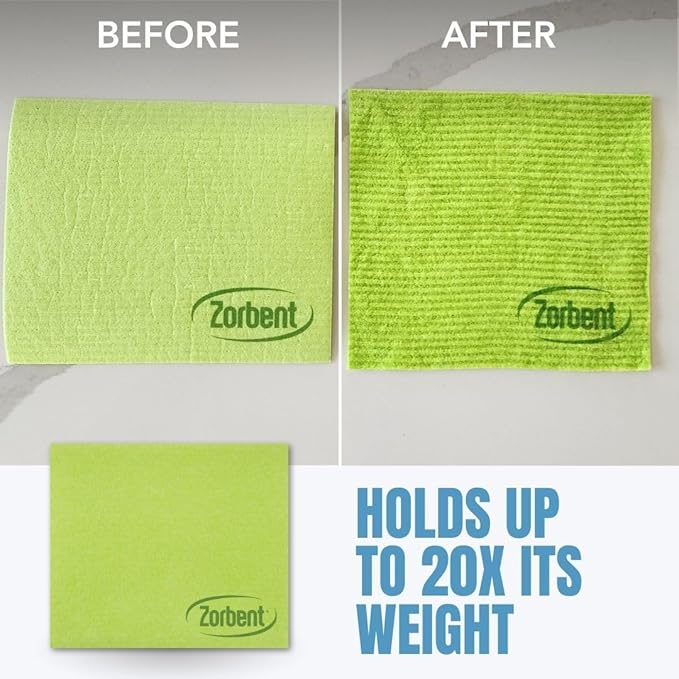 Zorbent Super Absorbent Towels 10 Pack, Green, Reusable Paper Towel Alternative, Lint Free Cleaning Cloth for Kitchen, Gym, Shoes, Travel, & Camping, Multipurpose Damp Duster, Spill & Mess Cleaner
