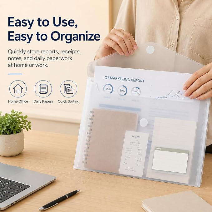 10 Pack Clear Folders for Documents Plastic Folders with Label Pockets, Waterproof Poly File Folders, Plastic Envelopes with Hook and Loop Closure, Letter Size/A4 for Teacher School Office Home