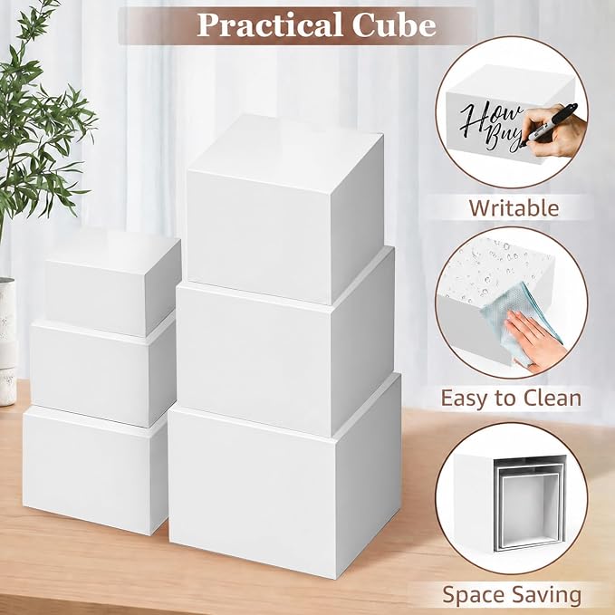 6Pcs White Buffet Risers Set (Size 5",6",7",8",9",10"),Food Risers for Buffet Table Display Stand Shelf for Party Catering Dessert Collectibles Acrylic Cube Boxes Display with Hollow Bottoms