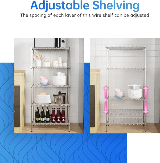 PayLessHere Shelf Metal Shelf Wire Shelving NSF Certified 5 Tier Adjustable Shelf Versatile Storage Solution Steel Organizer Wire Rack Easy Assembly, Chrome
