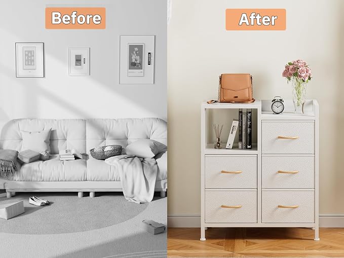 Furnulem White Dresser for Bedroom, 5 Drawer Small Fabric Closet Dresser | Small Chest of Drawers, Storage Cabinet Organizer with 2 Tier Shelf, Closet Drawer Units with Metal Frame, Dresser for Dorm