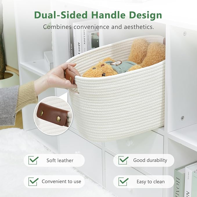 ECDYQXVU 15x10x9 Woven Cotton Rope Storage Basket, Leather Handles 3 Pack | Foldable Design, Sturdy PU Handles, Easy to Clean Organizer for Living Room, Closet, Shelves, Bedroom, Laundry, Clothes