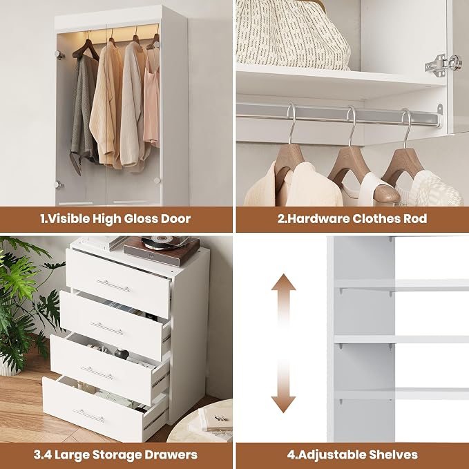 ROOMTEC 25.5" Shlef Tower Wardrobe Closet with Clear Glass Doors, Wall Mounted Modular Closet System, Clothes Storage Unit for Bedroom or Walk-in Closet, White