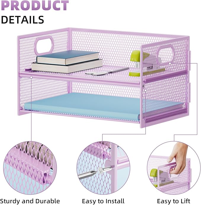 Marbrasse 2 Tier Paper Organizer Letter Tray, Mesh File Organizer with Handle, Paper Sorter Desk Organizer for Home Office Supplies - Purple
