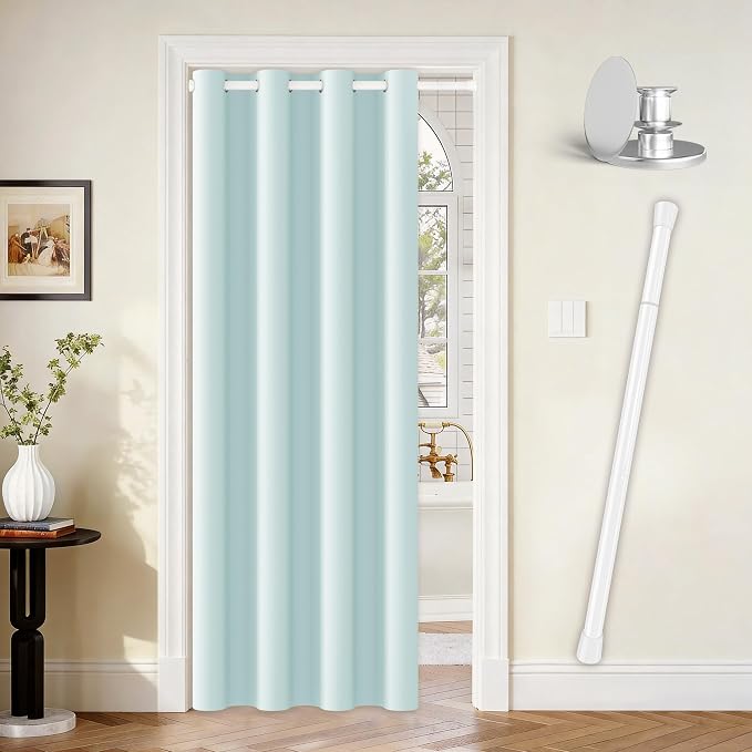 Vatge Closet Curtain for Open Closet, Blue Doorway Curtains with Rod and Magnetic Closure, 80 Inch Drape for Room Divider/Laundry Door/Kitchen Door, 1 Panel, W42 x L80, Aqua
