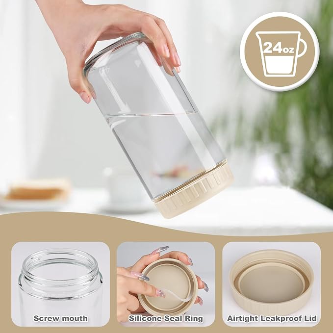 SHOWIN Overnight Oats Containers with Lids, 24oz Glass Jars with Lids 4 pcs, Apricot, Wide Mouth Mason jars for Salad, Yogurt, Snacks, Meal Prep