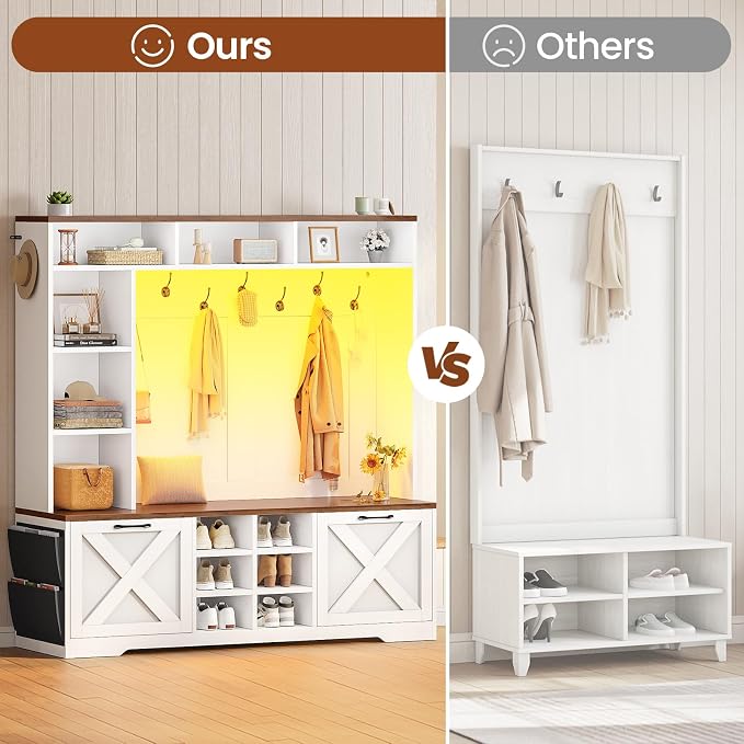 Itaar Hall Tree with Bench and Shoe Storage, 59.1" Farmhouse Entryway Bench with Coat Rack, Shoe Cabinet with Flip Drawers, 12 Shelves, 9 Coat Hooks, Storage Bag, Led Lights, White