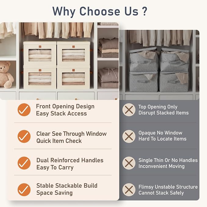 DIMJ Storage Bins with Lids - 6 Pack Front Opening Stackable Fabric Storage Boxes with Clear Window & Handles, Collapsible Closet Organizers for Clothes, Sweaters, Shelf Storage, Bedroom, Beige