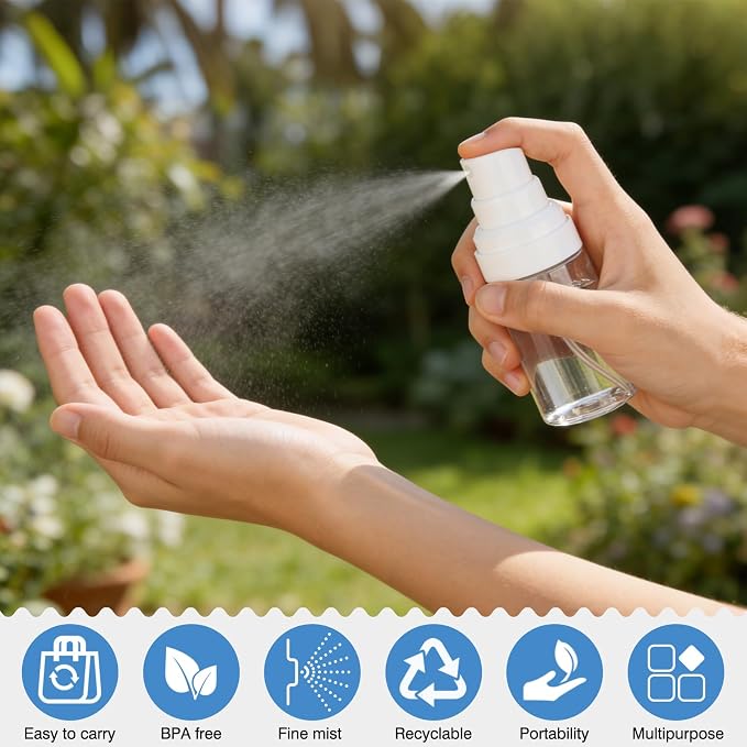 Travel Spray Bottle 2 Pack 1.35oz / 40ml Small Fine Mist Spray Bottles | Empty Mini Spray Bottles Refillable Plastic Travel Bottle - Leak Proof - for Face Toner, Hair Mist, Plants, Cleaning