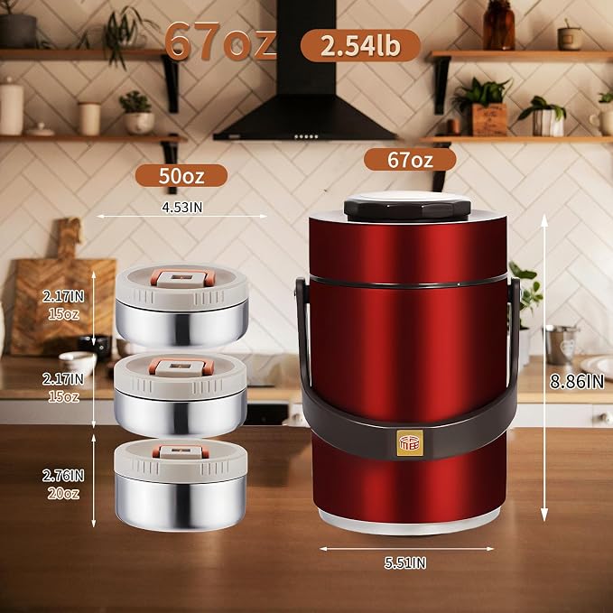 67 oz Adults Stainless Steel Vacuum Insulated Wide Mouth Soup Food Thermo Hot Food Jar with Keep Thermal Portable 3 Tier Stackable Bento Hot Food Containers Lunch Boxes (67 oz Red)
