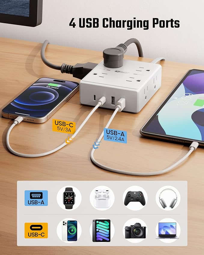 SUPERDANNY Extension Cord,Flat Plug Surge Protector Power Strip,20Ft | 8 AC & 4 USB Ports (2 USB C),Surge Protector with 1050J,Desk Charging Station for Home Office,College Dorm Room Essentials