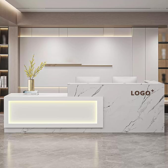 Modern Reception Desk with Counter, Front Desk Reception Counter with Lockable Drawer, Keyboard Tray & Storage Cabinet, Solid Wood Receptionist Table for Salon Office Lobby (D - Left, L 2.6m/102in)