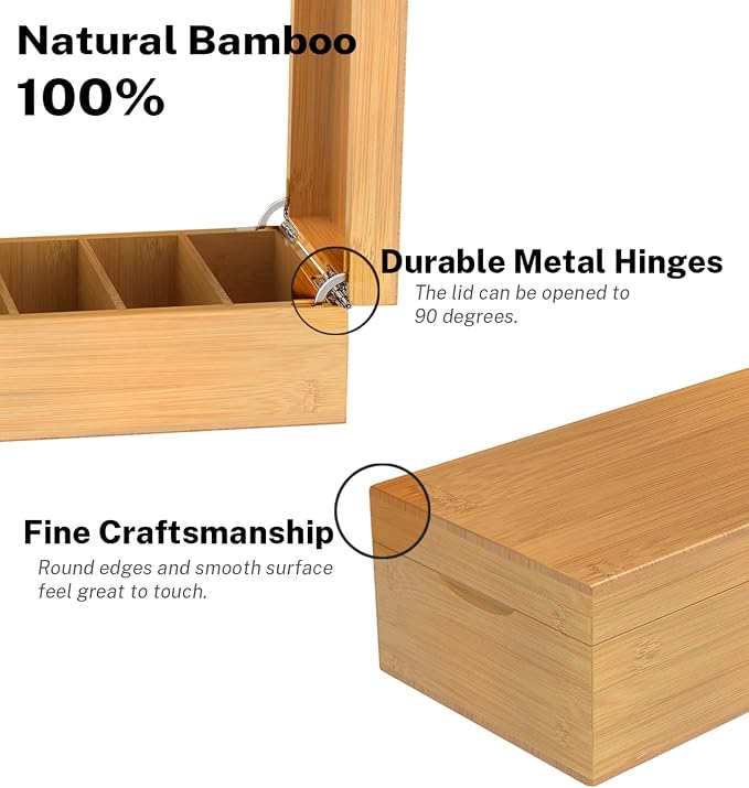 Neando Bamboo Business Card Organizer for 2x3.5 Cards – 600-Card Capacity Wooden Holder with Lid, 4 Compartments, Includes 20 Thick Index Cards – Natural Mini Card Filing Box