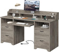 Bestier 59" Executive Desk with Charging Station & Monitor Stand, Grey | Farmhouse Wood Computer Desk with Drawers, Home Office Desk with Keyboard Tray, Sturdy Pedestal Desk for Work Study