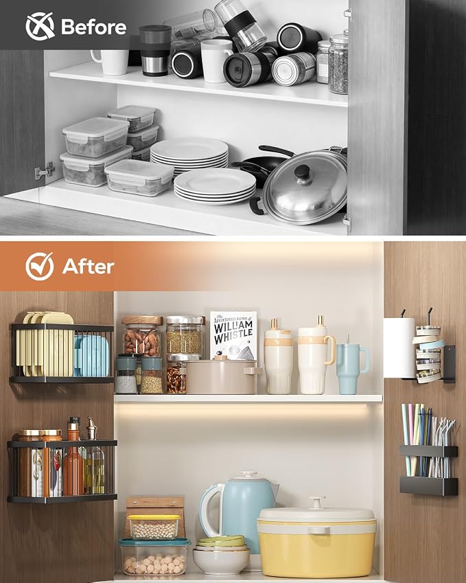 Nieifi Adhesive Cabinet Door Organizer, 5 Pack, Black | Lid Organizers, Tumbler Lid Organizer and Straw Holder, Wall Mounted, Inside Cabinet Storage Boxes